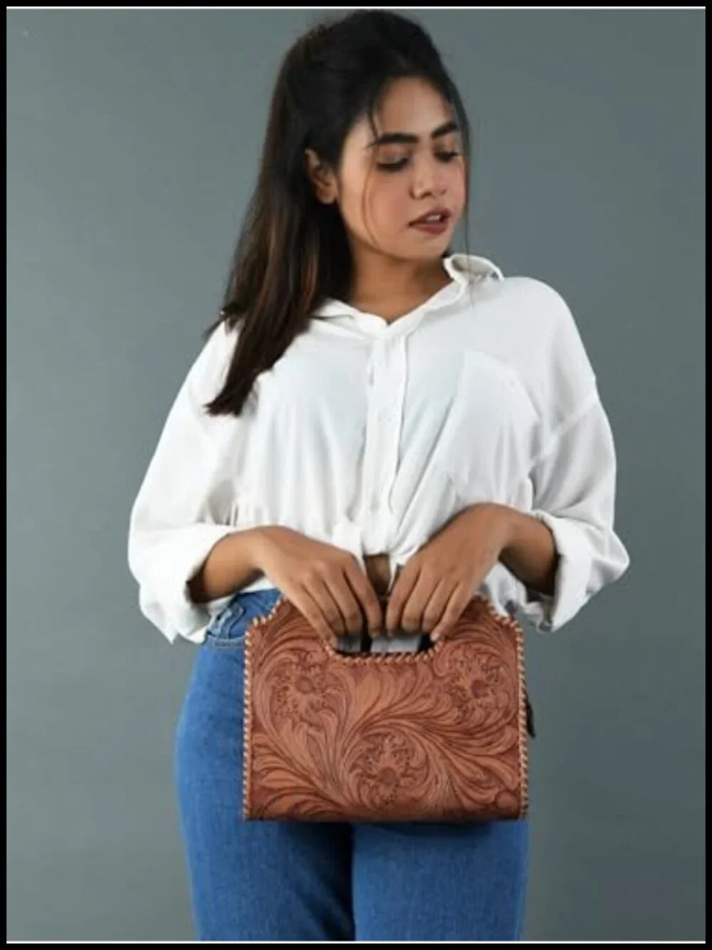 Genuine Leather Embroidered Floral Clutch Purse - Western Handcrafted Bag,